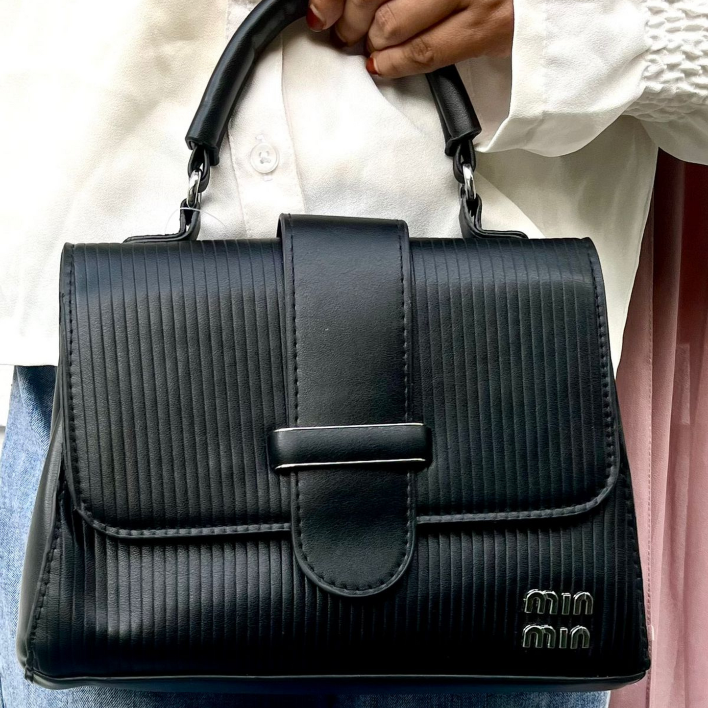 Classic Black PU Leather Top Handle Handbag