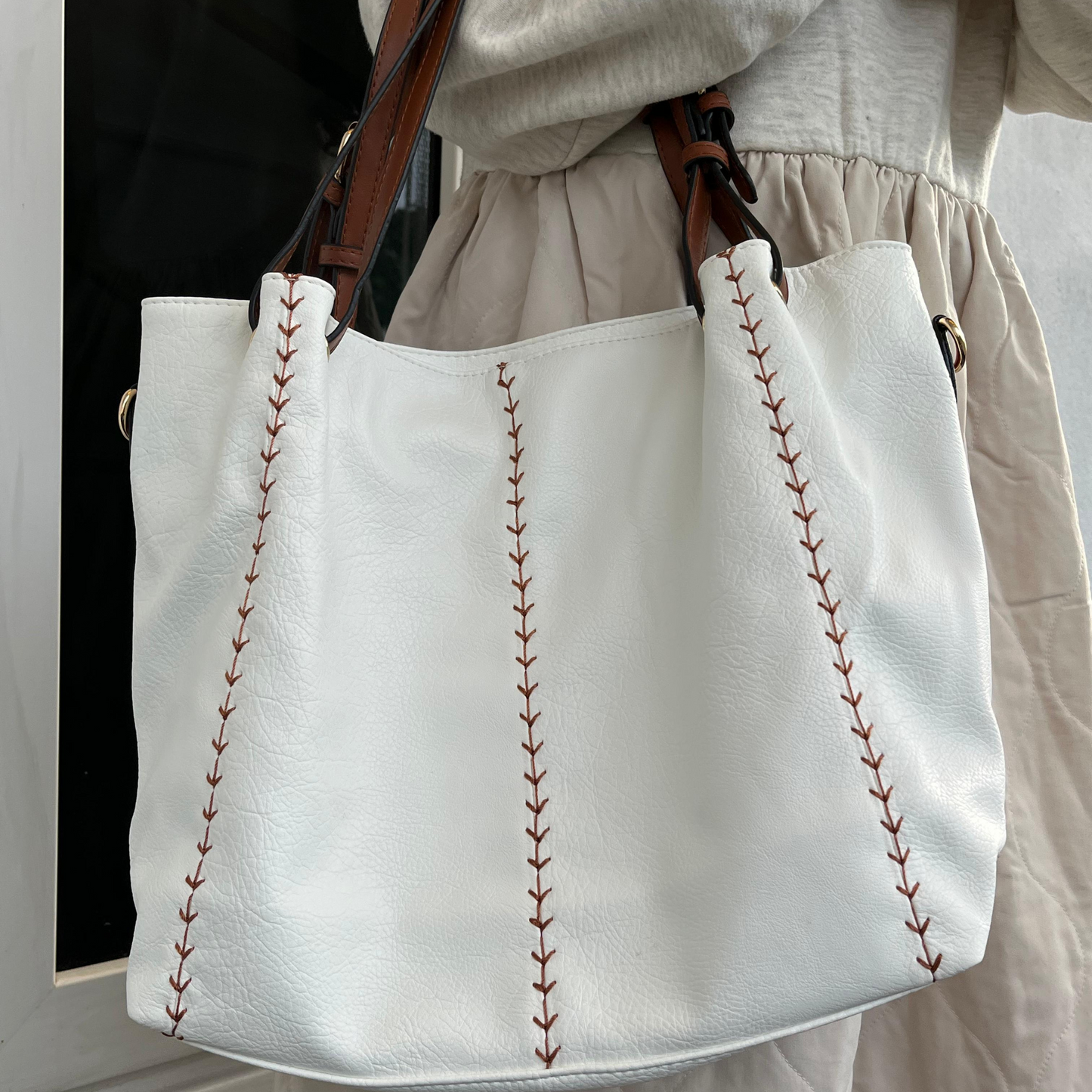 Premium Leather Large White Tote Bag