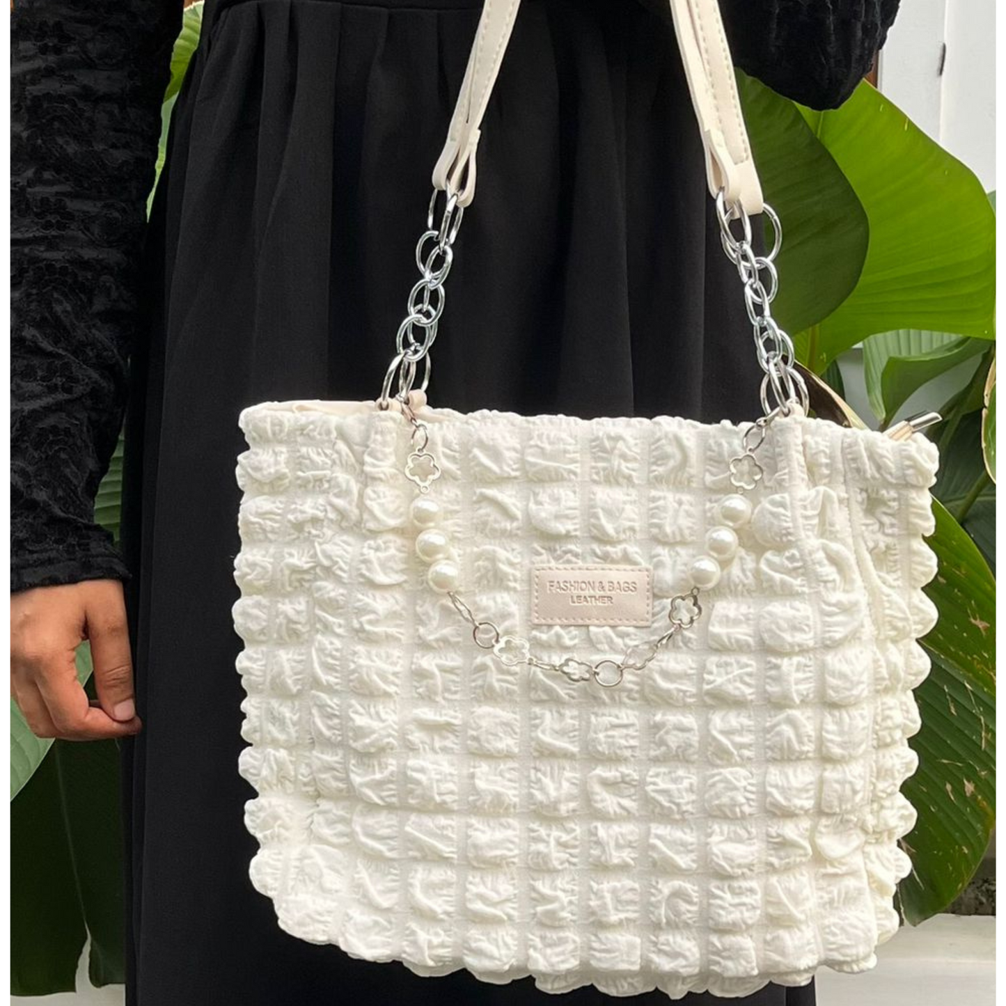 Elegant White Textured Shoulder Bag with Pearl & Chain Strap