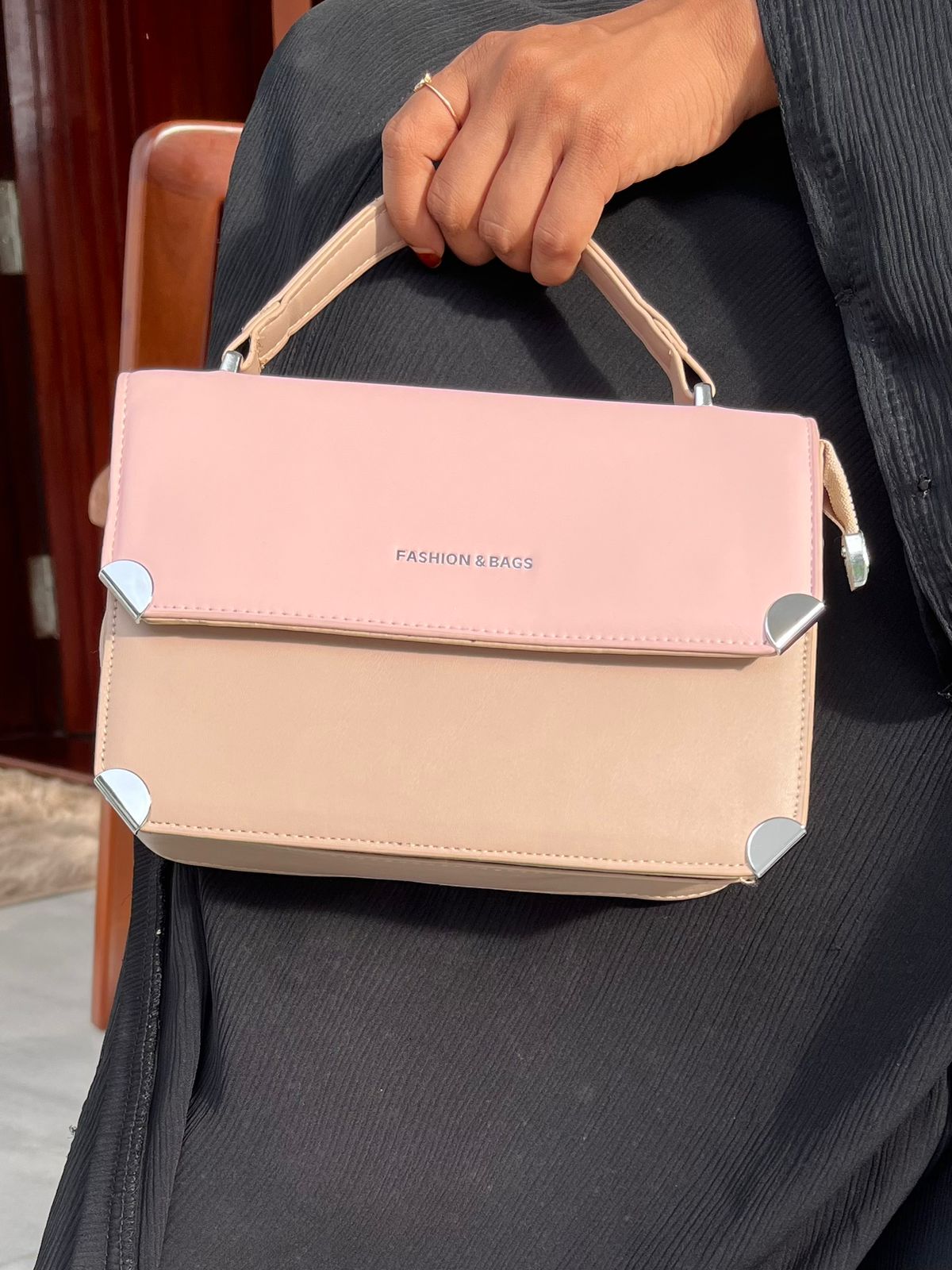 Trendy Pink & Taupe Color Block Handbag