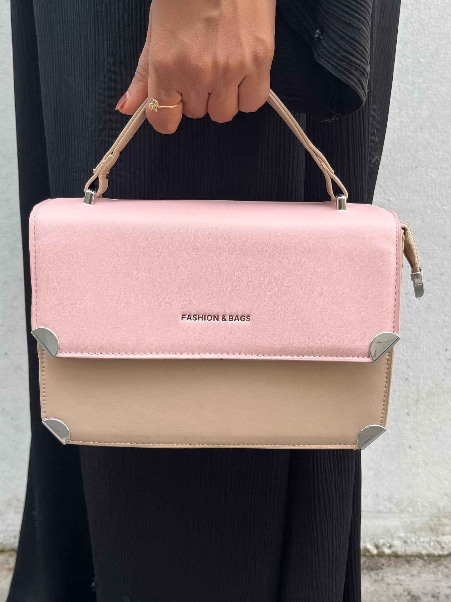 Trendy Pink & Taupe Color Block Handbag