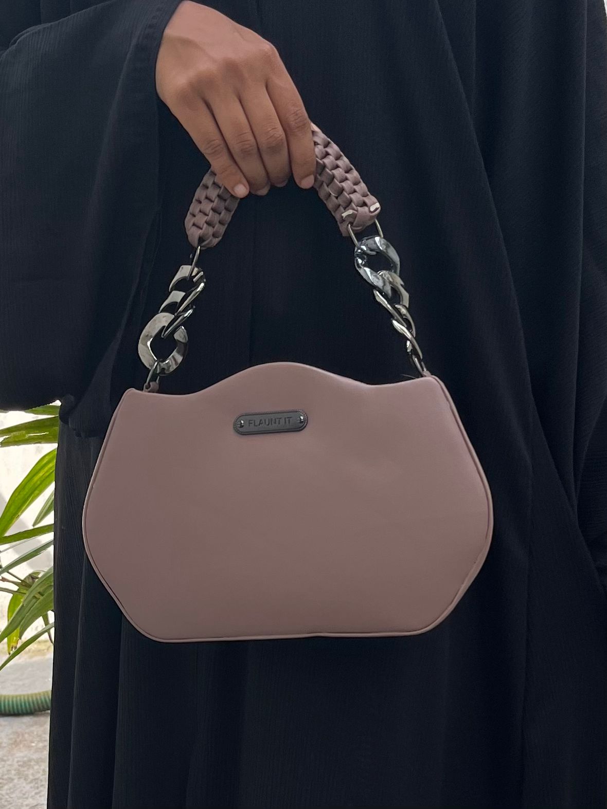 Modern Taupe Handbag with Braided Handle