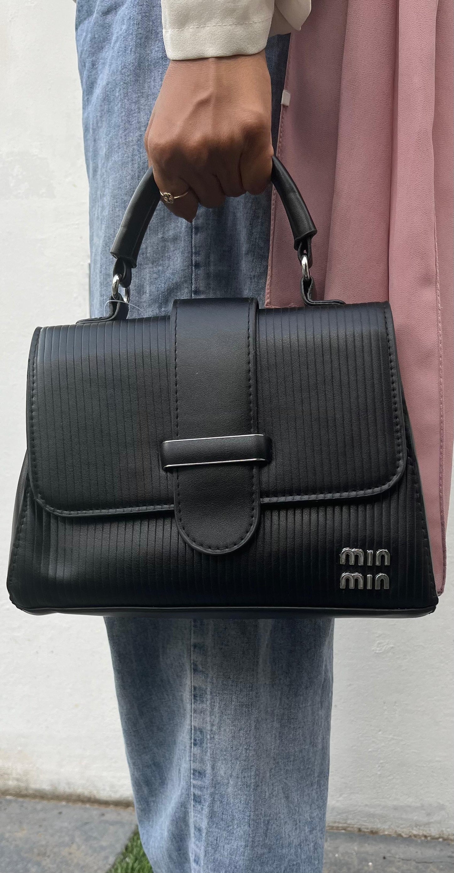 Classic Black PU Leather Top Handle Handbag