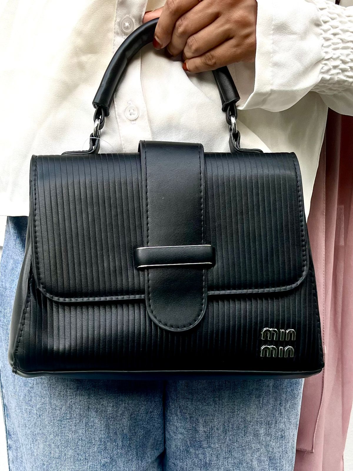 Classic Black PU Leather Top Handle Handbag