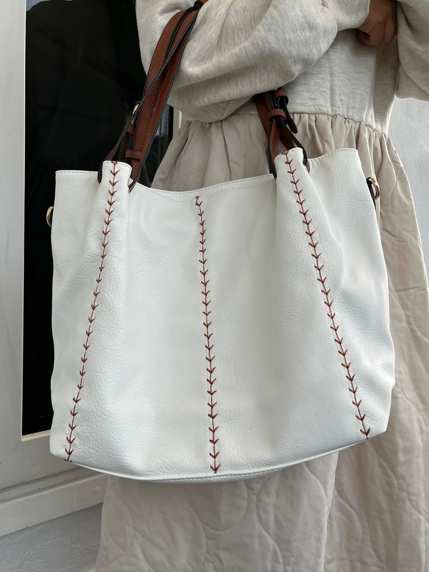 Premium Leather Large White Tote Bag