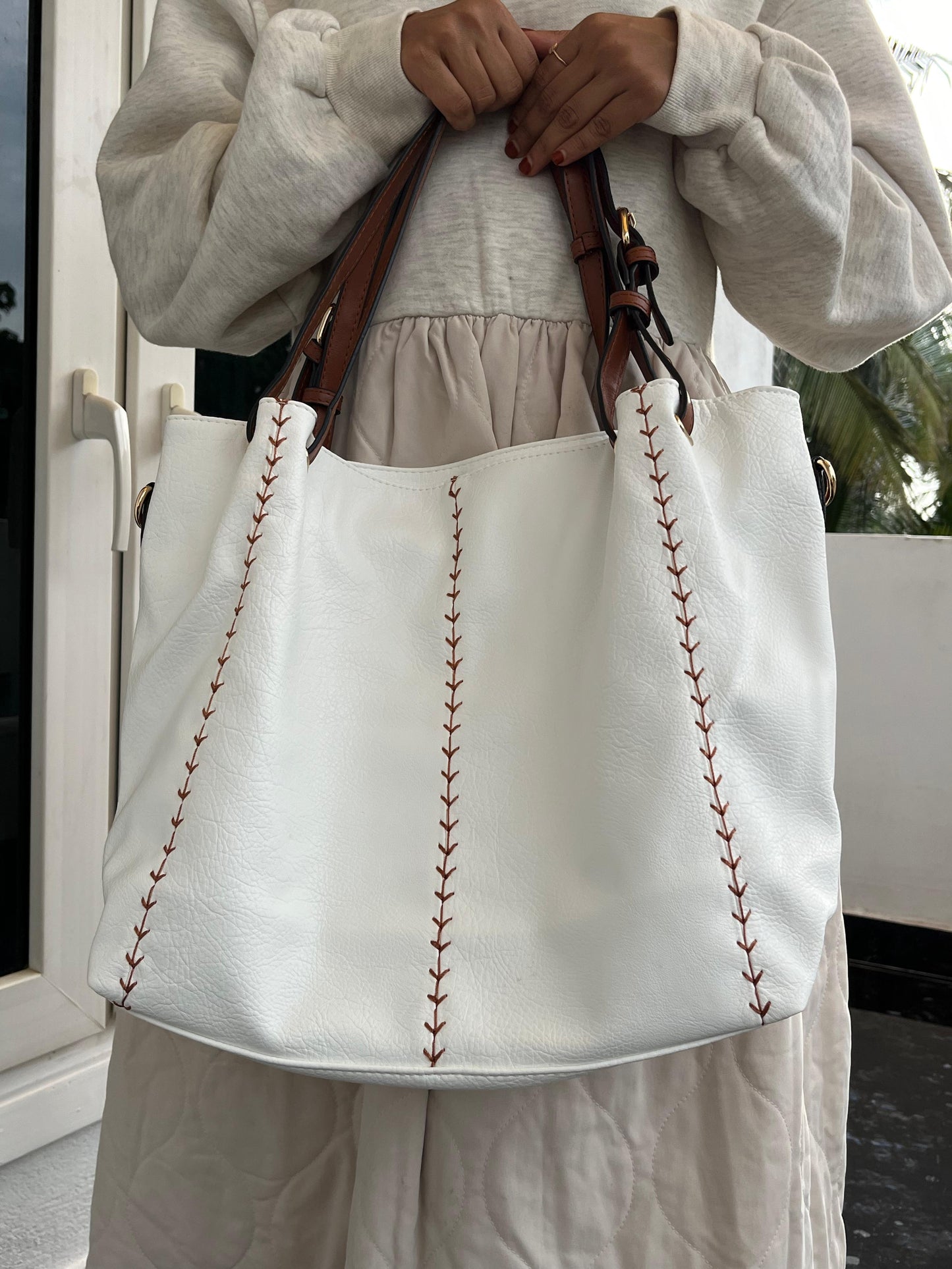 Premium Leather Large White Tote Bag