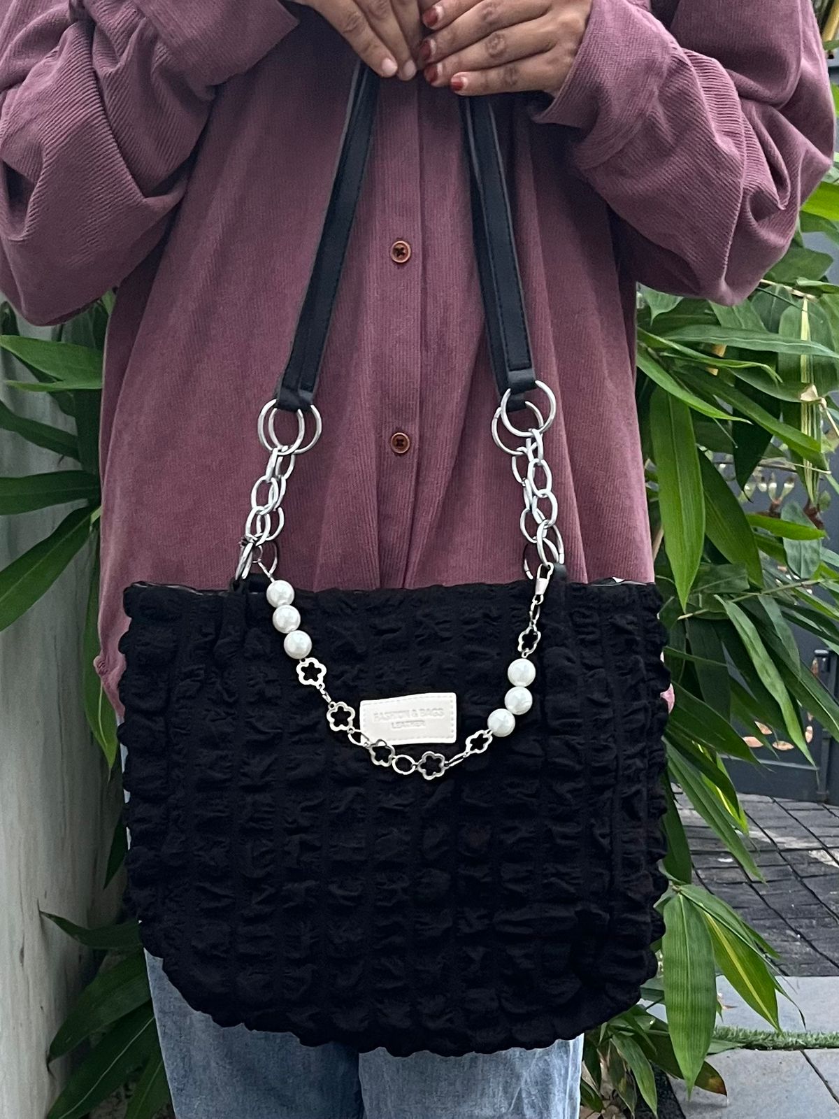 Elegant Black Textured Shoulder Bag with Pearl & Chain Strap