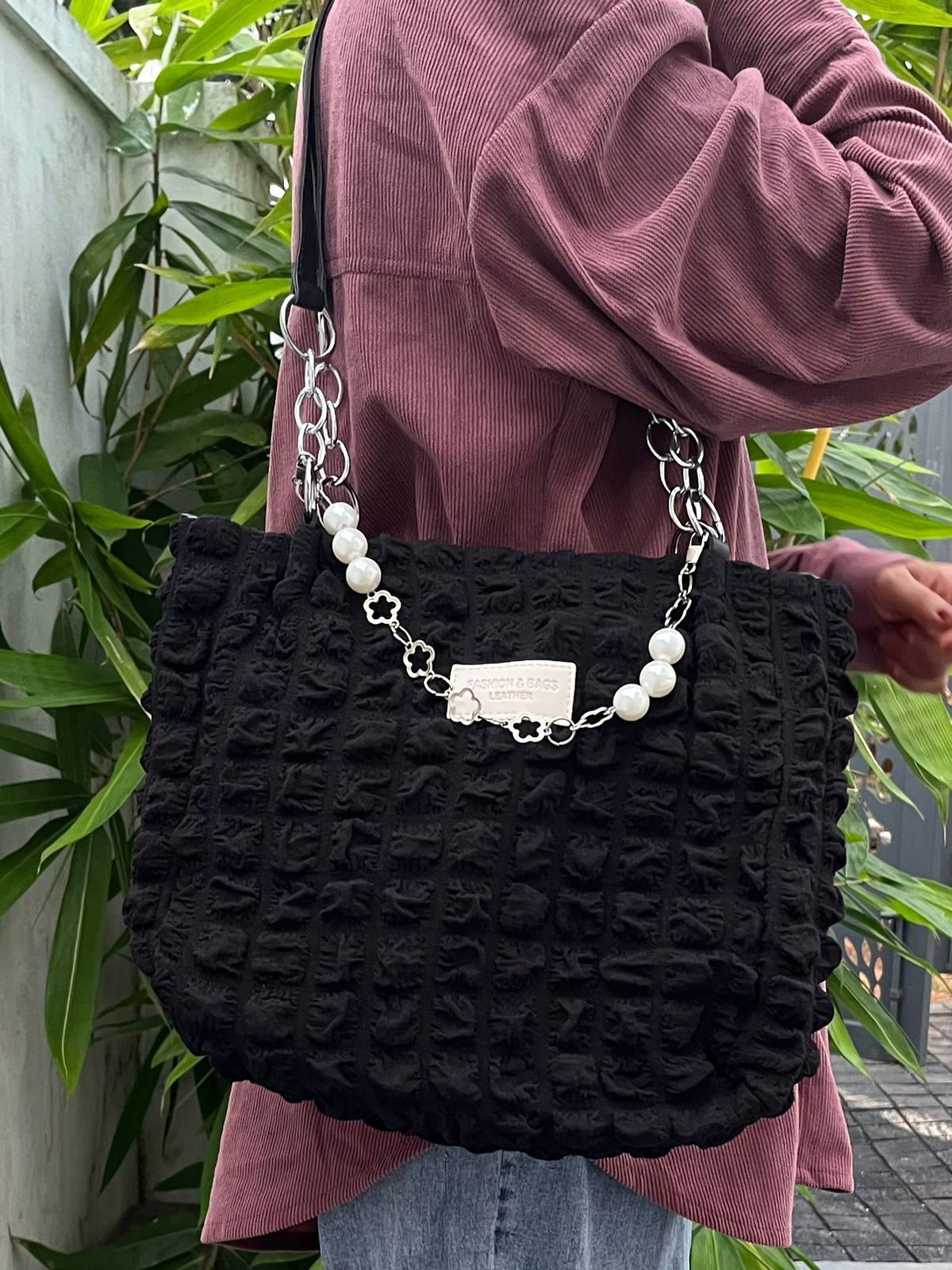 Elegant Black Textured Shoulder Bag with Pearl & Chain Strap