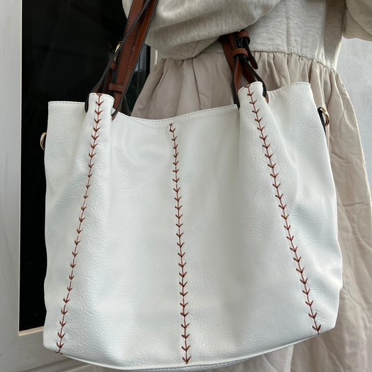Premium Leather Large White Tote Bag