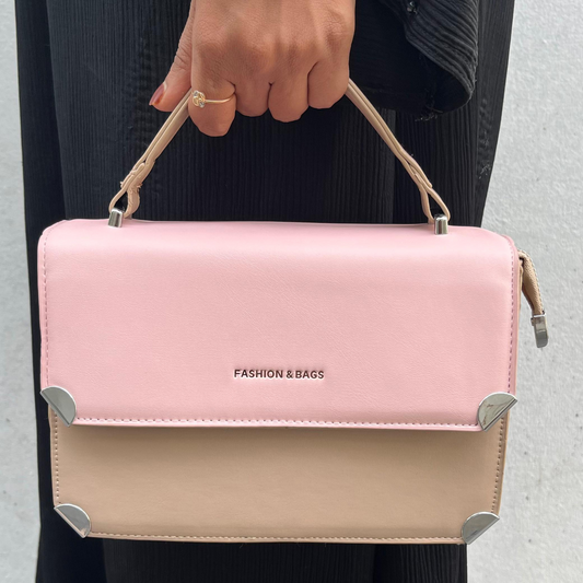 Trendy Pink & Taupe Color Block Handbag