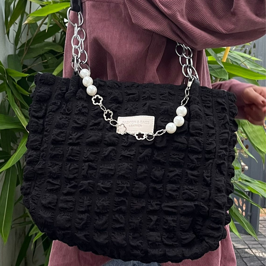 Elegant Black Textured Shoulder Bag with Pearl & Chain Strap